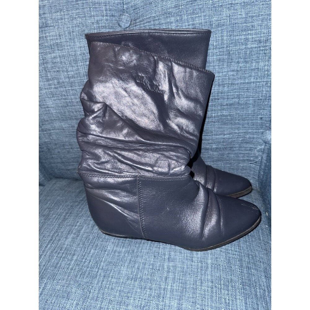 Vintage 1970s Christian Franchet Navy Blue Slouch Leather Boots Canada 36/6 - Picture 2 of 16